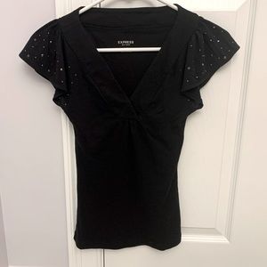 ***Express Black Sexy Basic Tee With Flutter Short Sleeves***